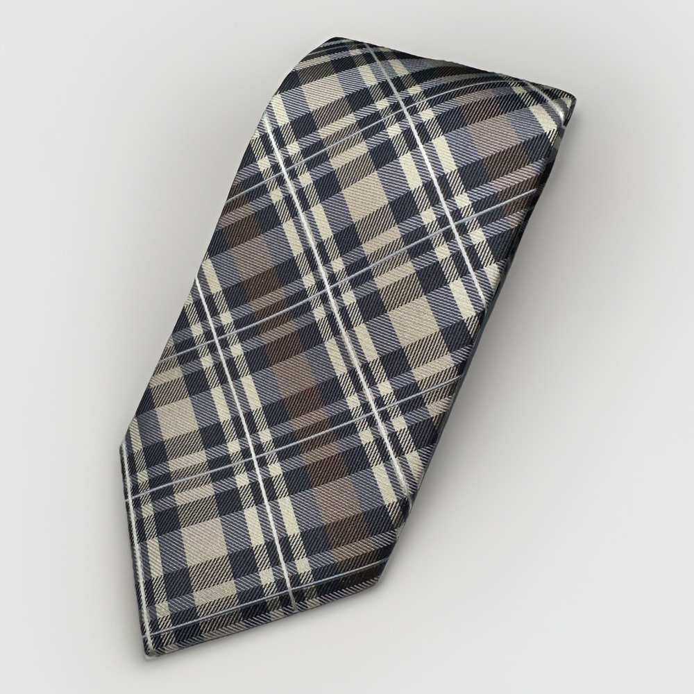 Pronto Uomo‎ Couture Mens Silk Neck Tie Tan & Navy Blue Plaid 59"